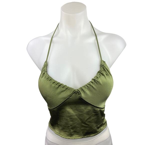 Urban Outfitters Motel Green Satin Silk Sleeveless Cami Camisole Crop Top Size S - Picture 4 of 8